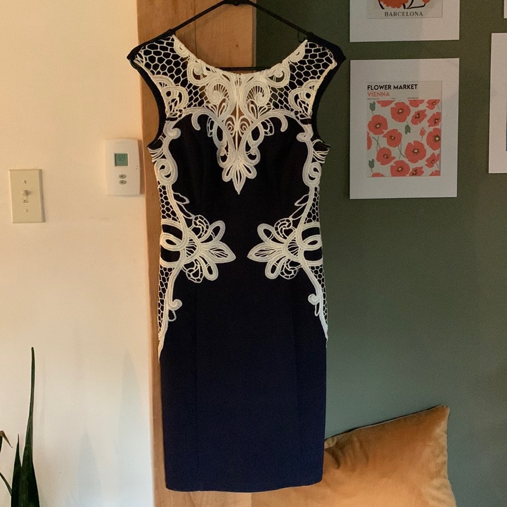 Beautiful white and navy embroidered dress. Stretchy form flattering. Size 6